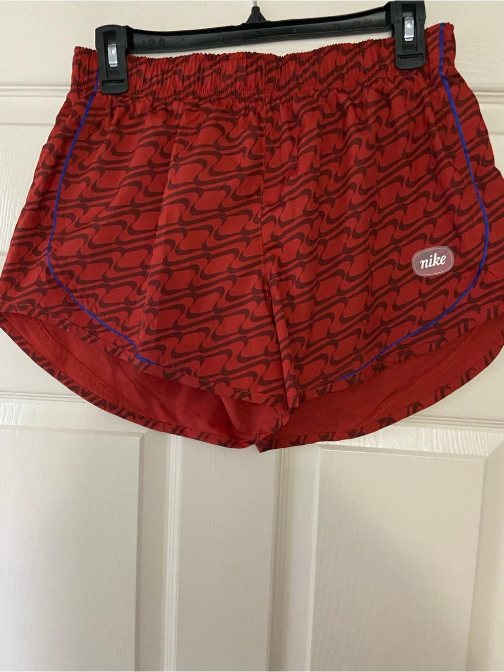 Nike Red Wave-Print Athletic Running Shorts with Blue Piping